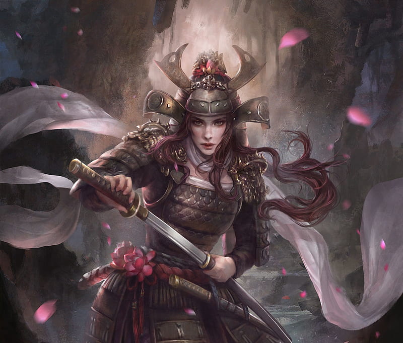 Samurai girl, armor, fantasy, samurai, katana, petals, pink, sheila amajida, sword, girl, HD wallpaper