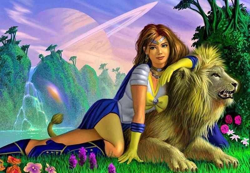 Niña y león, arte, fantasía, guay, flores, belleza, naturaleza, chicas,  leones, Fondo de pantalla HD | Peakpx