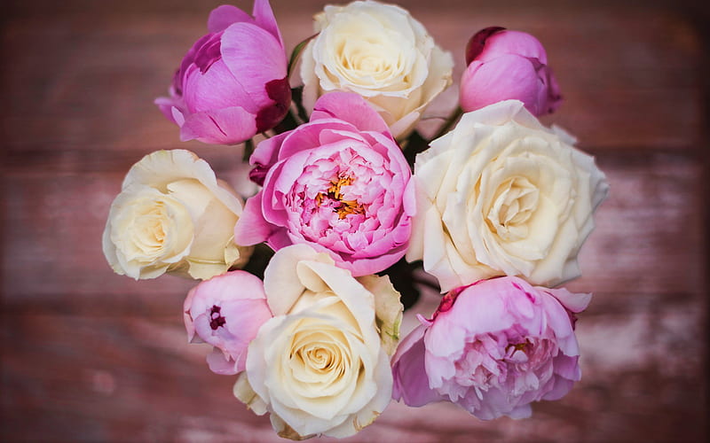 roses and peonies bouquet, wedding bouquet, bokeh, pink flowers, bouquet of white flowers, peonies bouquet, HD wallpaper