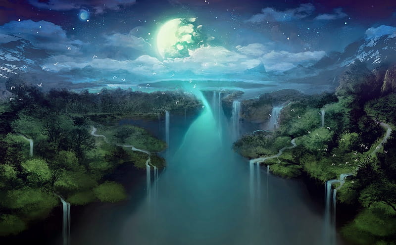 Moonlight Fantasy, water, landscape, ways, jungle, nature, falls, HD wallpaper