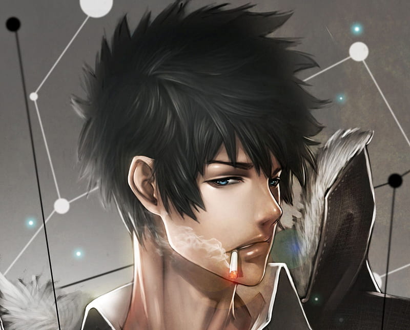 Shinya Kougami, cg, guy, cigarette, close up, spiky hair, anime, handsome, hot, smoke, realistic, blue eyes, black hair, male, sexy, psycho pass, short hair, 3d, cool, HD wallpaper