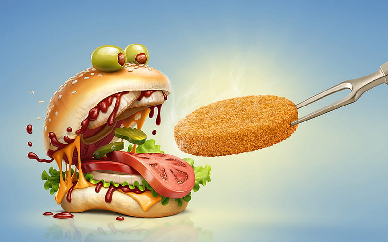 hamburger fastfood, art, creative, cutlet, HD wallpaper