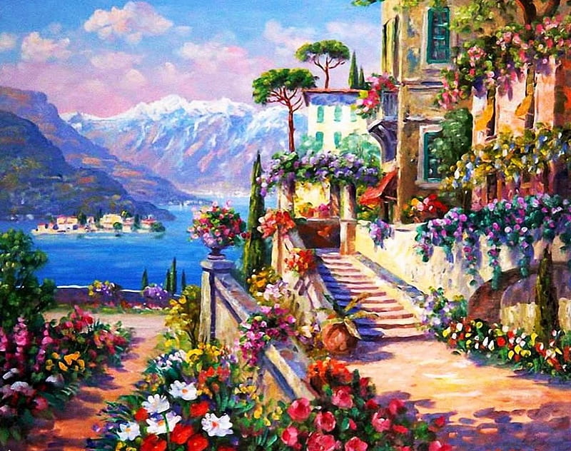 Lake Como Painting, flowers, house, artwork, mountains, HD wallpaper