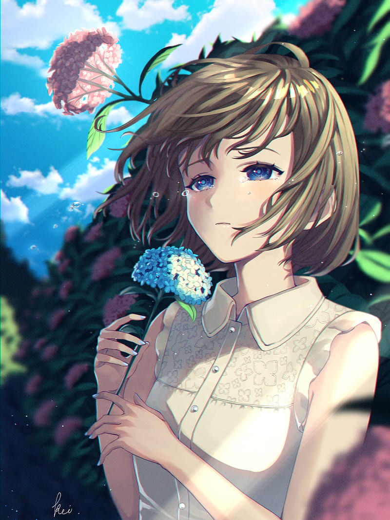 Girl, hydrangea, flowers, anime, art, HD phone wallpaper | Peakpx