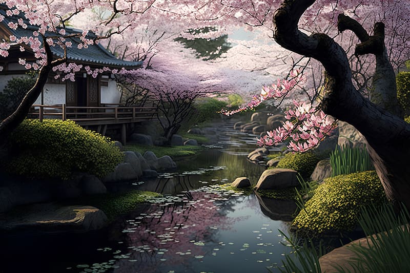 Cherry blossom in Japanese garden, Flowers, Spring, Sky, Blur, HD wallpaper