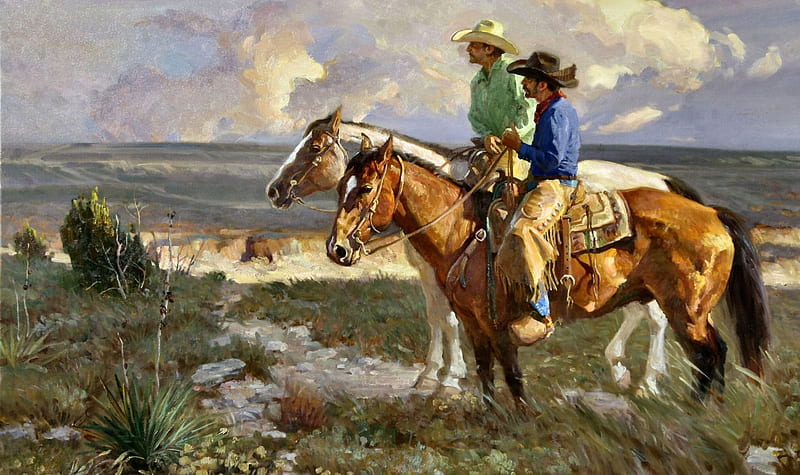On The Job Training F1, Old West, art, equine, bonito, horse, illustration, artwork, painting, wide screen, cowboys, HD wallpaper