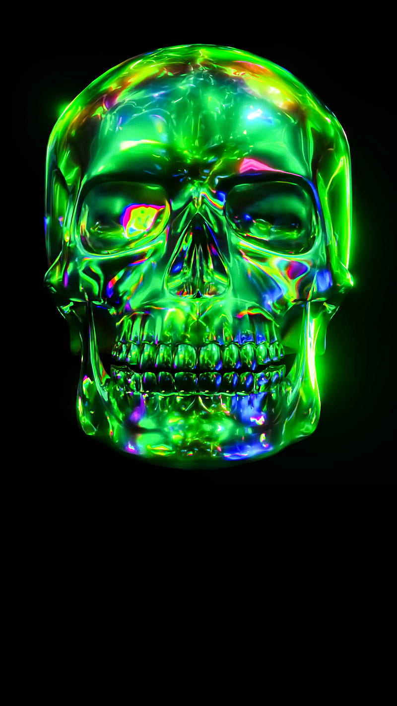 iridescent, bones, dark, death, glowing, green, horror, neon, skeleton, skull, HD phone wallpaper