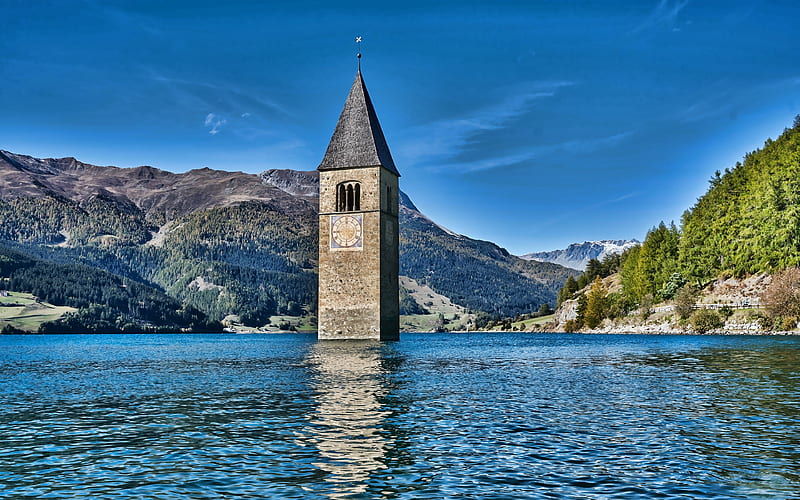 Reschensee, chapel, mountain lake, South Tyrol, Alps, mountain landscape, Italy, HD wallpaper