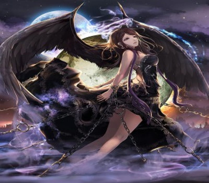 Dark Angel, chain, wings, angel, fantasy, moon, girl, dark, orginal, long hair, night, HD wallpaper