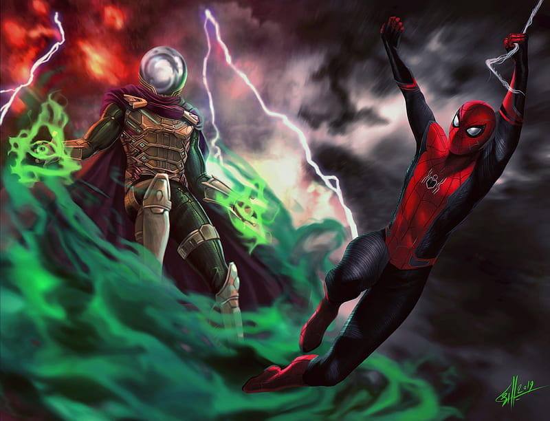 spider-man: far from home, artwork, lightning, fight, Movies, HD wallpaper