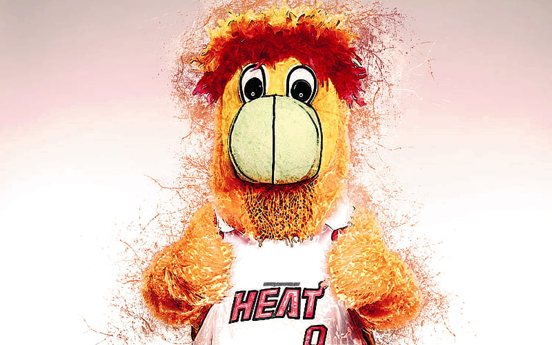 Burnie, official mascot, Miami Heat art, NBA, USA, grunge art, symbol, red background, paint art, National Basketball Association, NBA mascots, Miami Heat mascot, basketball, HD wallpaper