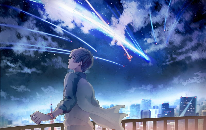 magic sky, stars, boy, anime, anime boy, sky, blue, night, star, HD wallpaper