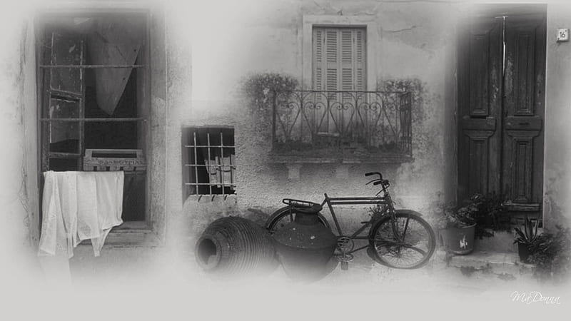 Old Country Street Life, greece, bicycle, firefox persona, doors, windows, europe, antique, doorway, vintage, HD wallpaper