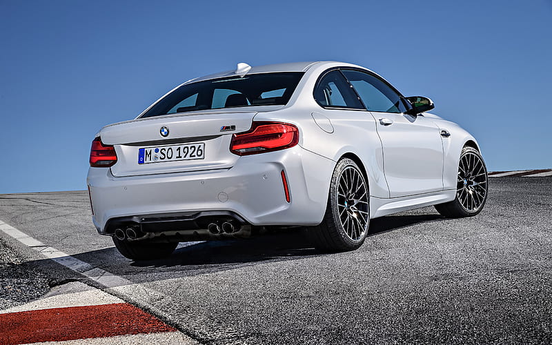 BMW M2 Competition, 2019, 405HP, sports coupe, rear view, exterior, new white M2, German cars, tuning M2, racing track, BMW, HD wallpaper