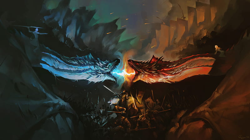 Night King And Khaleesi Fighting With Dragons Artwork, game-of-thrones-season-7, game-of-thrones, tv-shows, white-walkers, dragon, artwork, artist, digital-art, HD wallpaper
