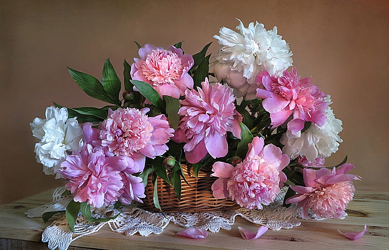 Pink Flowers, Napkin, Flowers, Petals, Bouquet, Basket, HD wallpaper