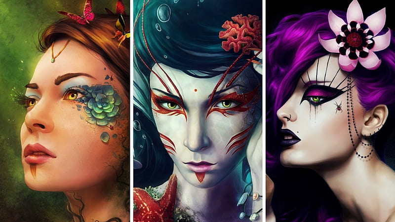 Fantasy Women, Abstract, three, fantasy, women, HD wallpaper
