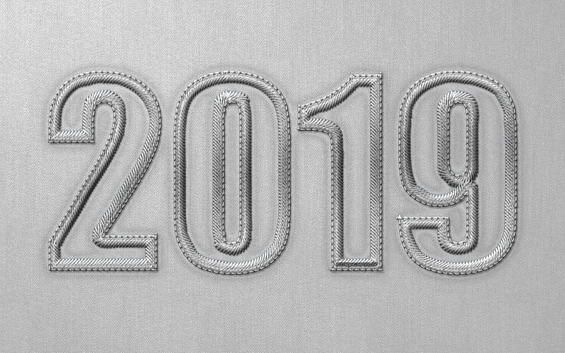 2019 year, embroidery, creative, gray fabric, 2019 concepts, Happy New Year 2019, gray background, HD wallpaper