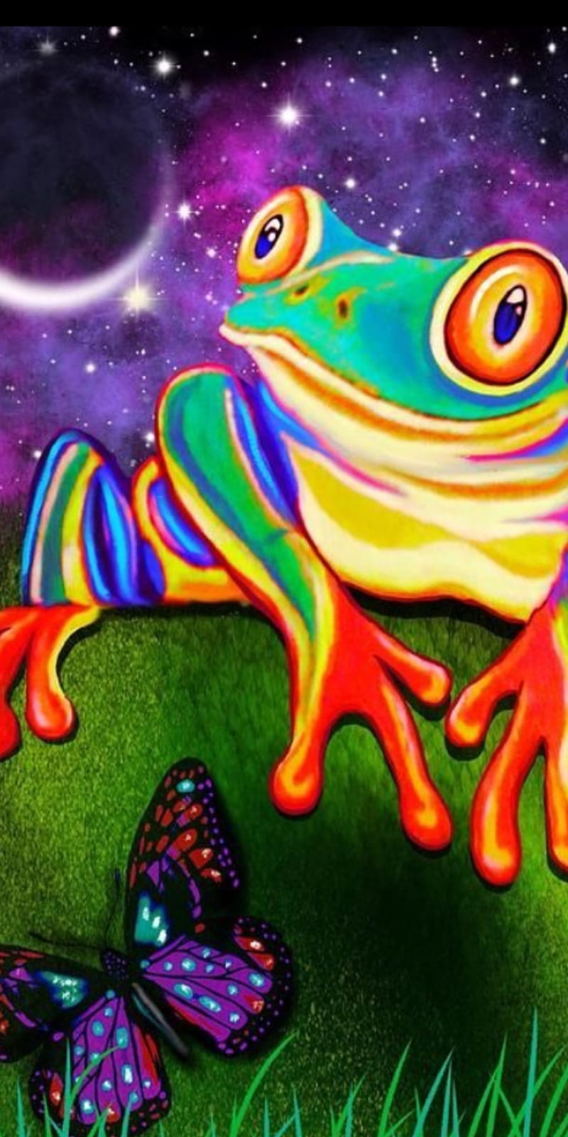 Frog , butterfly, crescent, grass, green, moon, night, stars, HD phone wallpaper