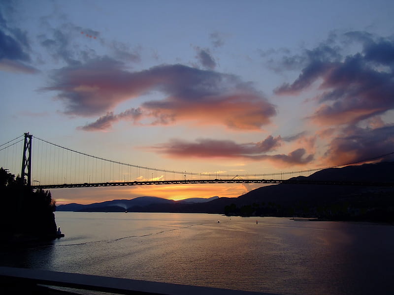 Lions Gate Bridge, Vancouver, BC, ocean, port, vancouver, sunset, sea, bridge, lionsgate, nature, britishcolumbia, canada, HD wallpaper