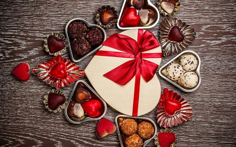 Happy Valentine's Day!, red, candy, brown, food, chocolate, bow, valentine, gift, sweet, dessert, heart, white, wood, HD wallpaper