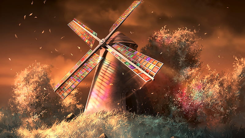 Windmill, aquasixio, mill, orange, brown, wind, rainbow, pink, art, luminos, fantasy, HD wallpaper