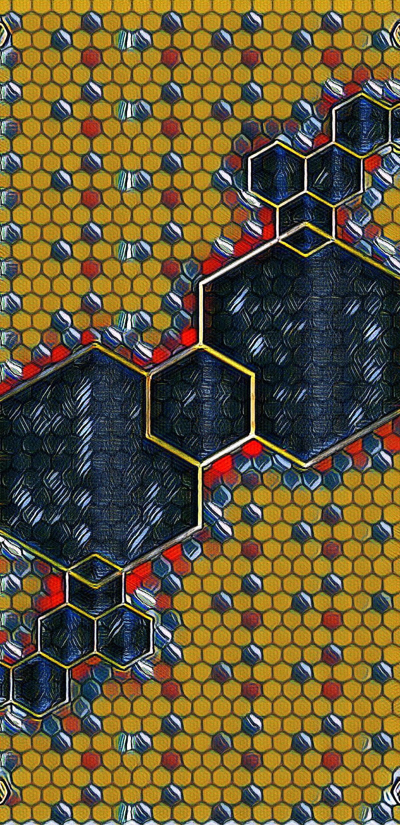 Hex Scale 15, abstract, blue, hexagon, honeycomb, pattern, pebbles, red, stone, yellow, HD phone wallpaper