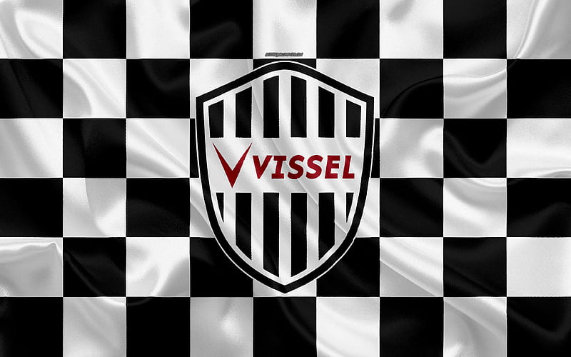 Vissel Kobe logo, creative art, white black checkered flag, Japanese football club, J1 League, J League Division 1, emblem, silk texture, Kobe, japan, football, HD wallpaper