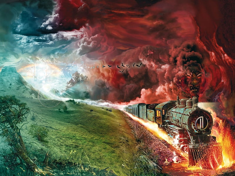 One Way Ticket to Hell, grass, heaven and hell, hell, clouds, fantasy, train, heaven, hot, smoke, birds, abstract, fire, tree, cool, flames, mountains, dark, digital, sunshine, HD wallpaper