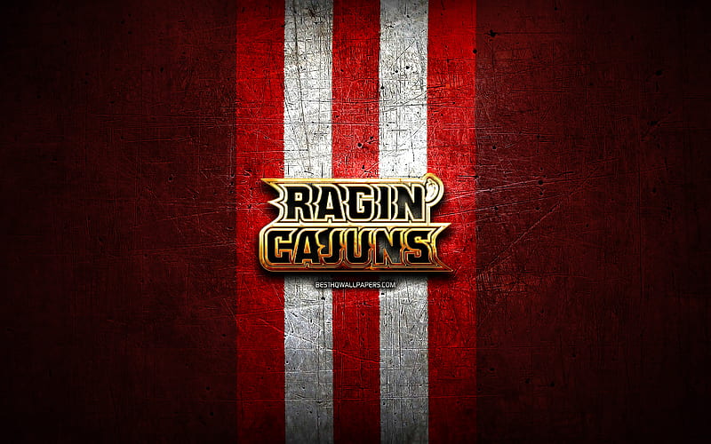 Louisiana Ragin Cajuns, golden logo, NCAA, red metal background, american football club, Louisiana Ragin Cajuns logo, american football, USA, HD wallpaper