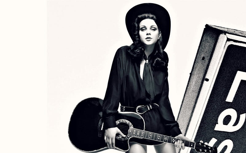 Jessica Stam, cowgirl, model, black, woman, hat, instrument, guitar, girl, white, blue, HD wallpaper
