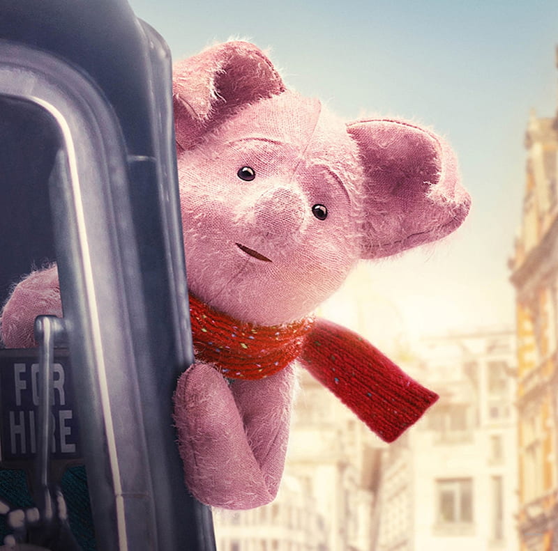 Christopher Robin 2018, poster, red, movie, toy, christopher robin, car, scarf, piglet, pink, disney, HD wallpaper