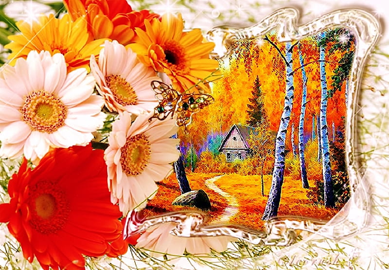 autumn, forest, gerberas, cottage, path, nature, framed, HD wallpaper