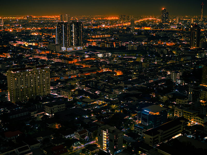 night city, aerial view, lights, streets, HD wallpaper