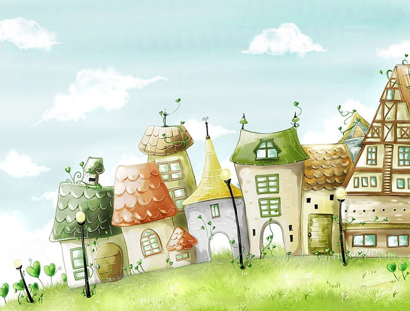 Pequeño pueblo, pueblo, pequeño, dibujos animados, pequeño, Fondo de  pantalla HD | Peakpx