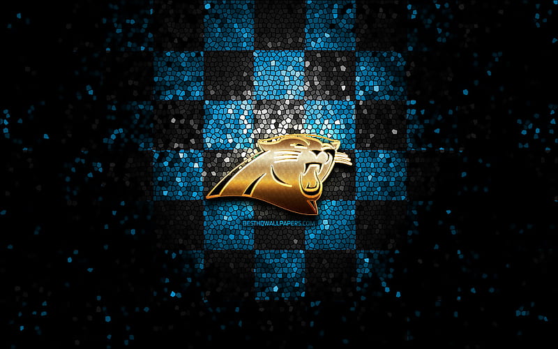 Carolina Panthers, glitter logo, NFL, blue black checkered background, USA, american football team, Carolina Panthers logo, mosaic art, american football, America, HD wallpaper