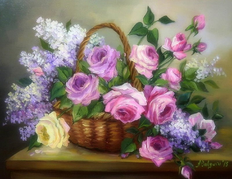 ✿⊱•╮Lilac & Roses╭•⊰✿, lilac, lovely still life, draw and paint, love four seasons, roses, paintings, all roses, basket, flowers, HD wallpaper