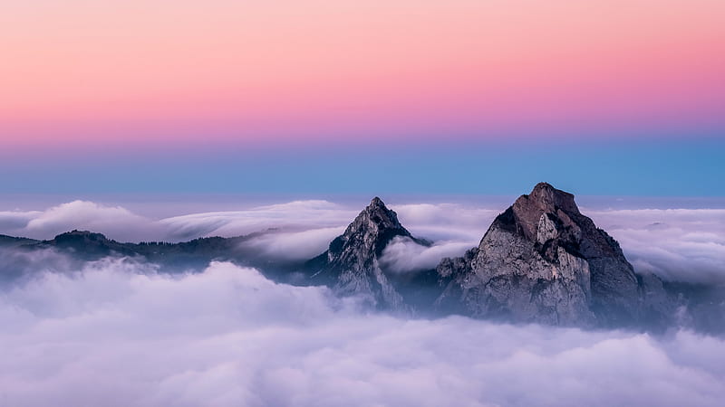 mountains, sunset, peak, clouds, Landscape, HD wallpaper