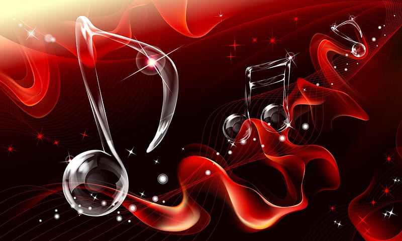 Pure Music, red, stars, glitter, music, waves, HD wallpaper
