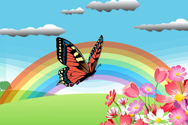 Butterfly and Rainbow, Fairytale, Summer, Fantasy art, Butterfly, Flowers, HD wallpaper
