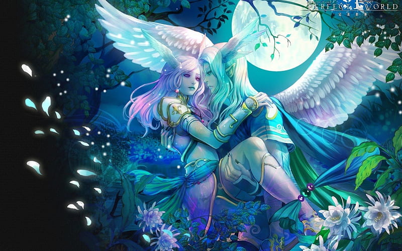 Elf Couple, forest, fantasy, wings, love, flowers, long hair, couple, night, HD wallpaper