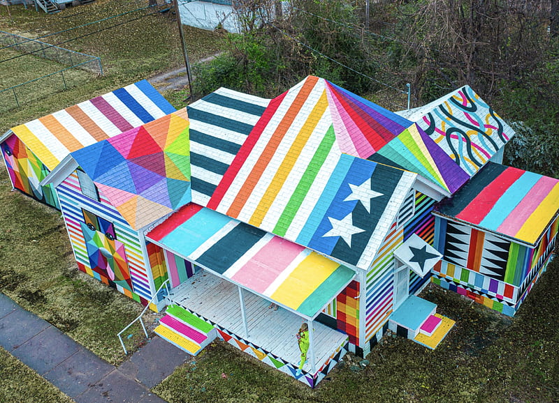 Art's New Perspective, colorful, stars, house, stripes, grass, triangles, clever, shed, neighborhood, squiggles, rainbow designed, porch, dog, abandoned, HD wallpaper