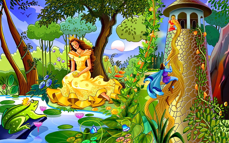 Colorful fairytale, pretty, colorful, fairytale, bonito, magic, prince, hair, nice, tower, love, flowers, Rapunzel, enchanted, fairy, animals, lovely, romantic, greenery, lilies, trees, lake, summer, nature, pong, castle, princess, HD wallpaper