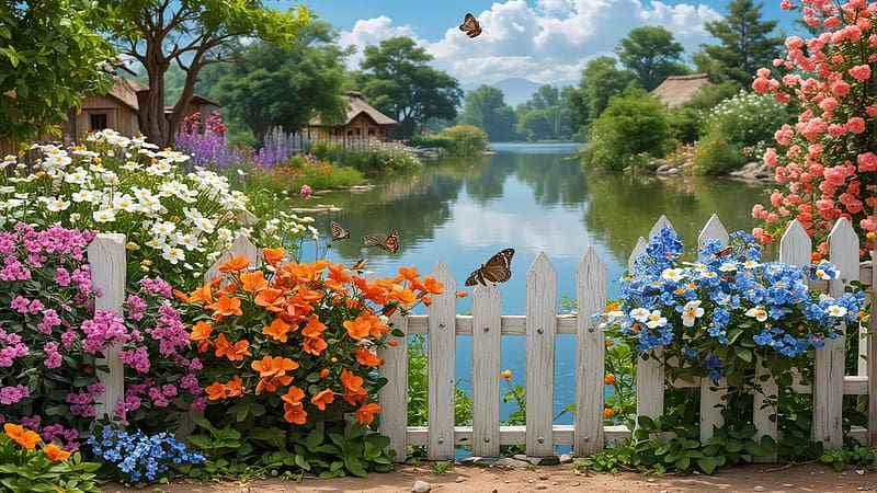 River and Flower Bushes, sky, house, reflections, clouds, blossoms, trees, water, fence, digital, butterfly, art, HD wallpaper
