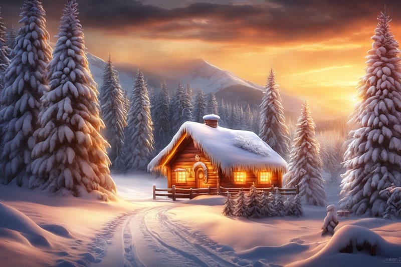 Wooden house in the winter forest, ho, tel, evad, este, fahaz, kunyho, kabin, napfeny, egbolt, fenyo, erdo, havas termeszet, havas, havas utak, HD wallpaper