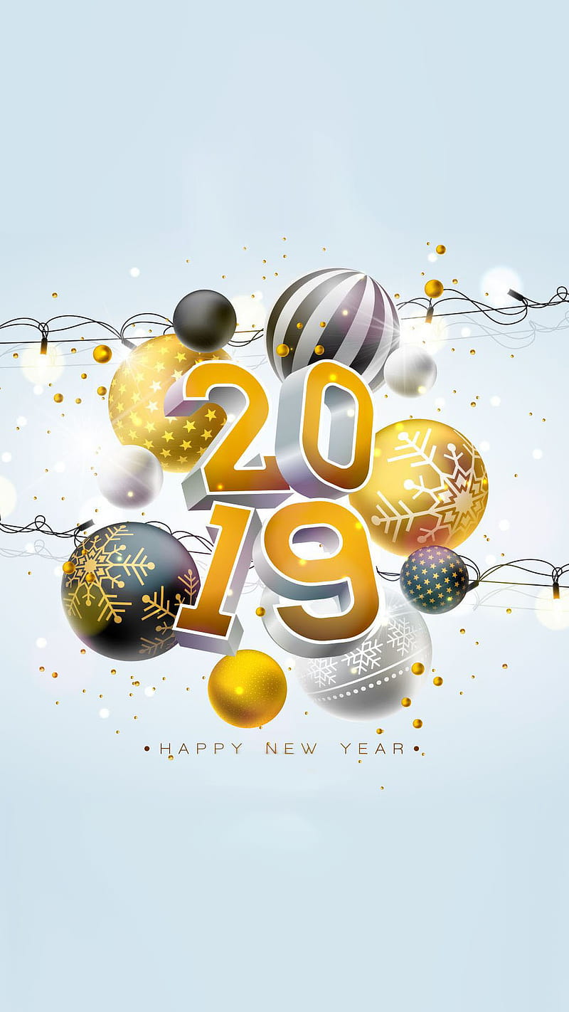 happy new year, numbers, words, new year, sayings, 2019, yellow, balls, lights, HD phone wallpaper