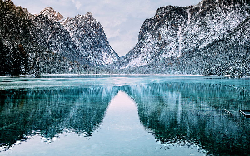 Lake Dobbiaco, winter, beautiful nature, frozen lake, mountains, Toblacher See, Belluno, Italy, Europe, South Tyrol, Lago di Dobbiaco, R, HD wallpaper
