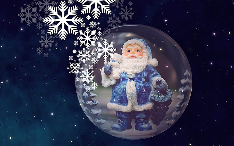 Blue Santa, ornaments, christmas, snowflakes, bulb, artwork, HD wallpaper