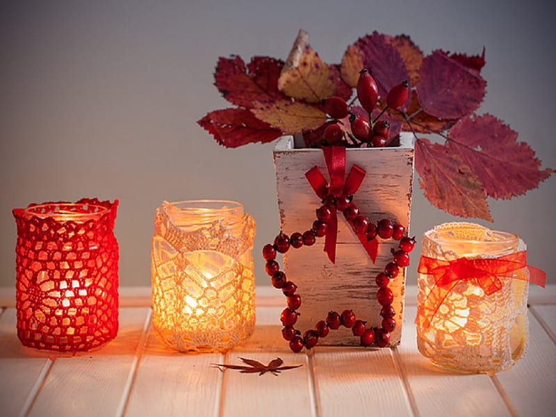 Soft Autumn Light, table, autumn, ribbon, candles, still life, leaves, berries, star, light, jars, HD wallpaper