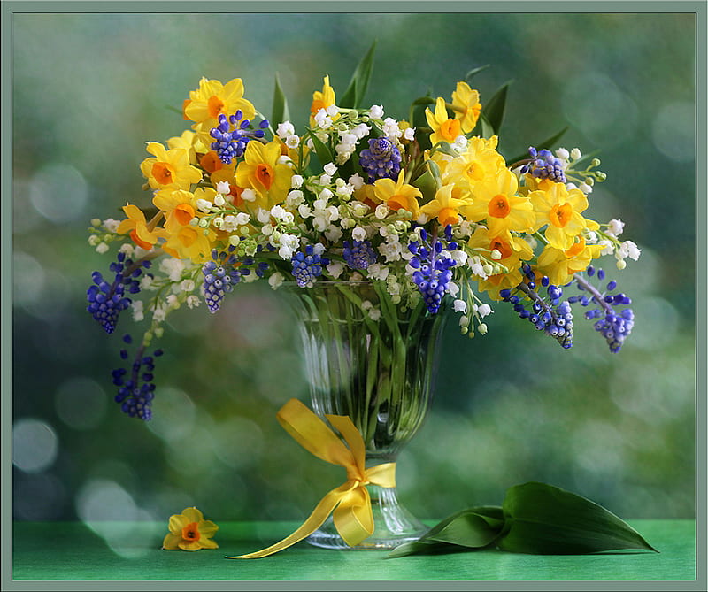 still life, pretty, daffodils, yellow, vase, bonito, graphy, nice, gentle, green, arrangement, flowers, harmony, variety lovely, spring, elegantly, cool, purple, bouquet, flower, HD wallpaper